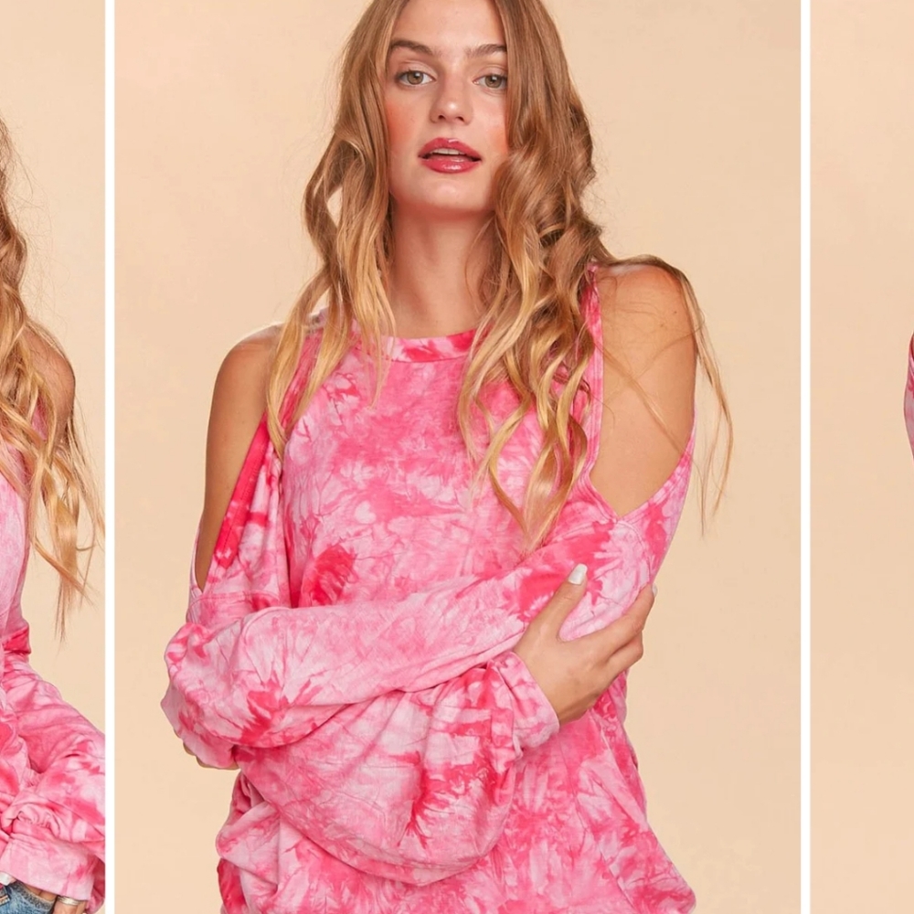 WOMEN'S FUCHSIA TIE DYE COLD SHOULDER OVERSIZED TOP